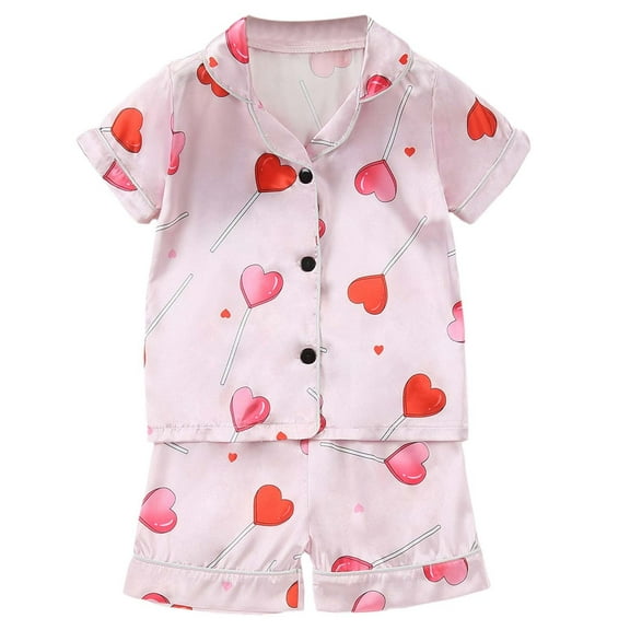 Toddler Girls Silk PJS Cute Heart Printed Short Sleeve Button-Down Sleepwear with Shorts Girl Summer Pajamas Clothes for Girls 18-24 Months
