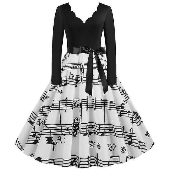 Women Musical Note V-neck Swing A-line Dress Long Sleeve Retro Fancy Evening Party Dresses