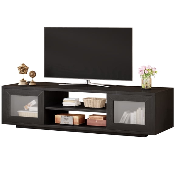 Paasyonmate 55" Black Oak TV Stand for TVs up to 60", Modern Low Profile Entertainment Center with Sliding Doors & Storage, Wood Media Console for Living Room