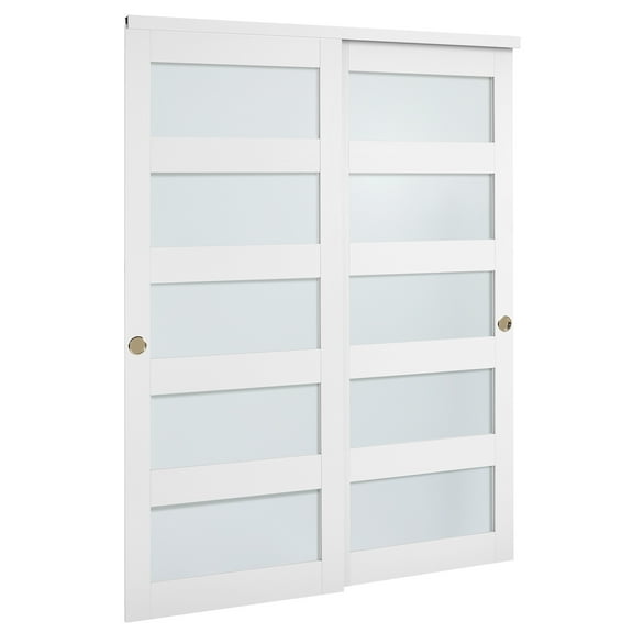 KFFKFF Sliding Closet Door, 60" (Double 31") x 80", Frosted Glass Bypass Doors with Hardware Kit & Floor Guide, Durable Wood and MDF Panels with Water-Resistant PVC Finish for Bedrooms and Closets
