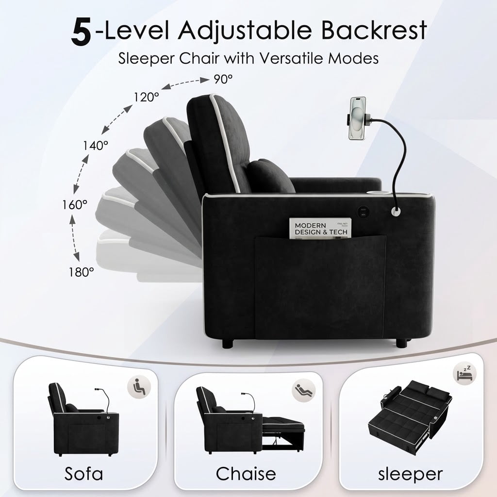 Howcool 54" Convertible Sleeper Sofa Bed, Pull Out Loveseat Couch with USB Port, Phone Holder & Cup Holder, Adjustable Backrest, Velvet Sofa for Living Room, Apartment, Black