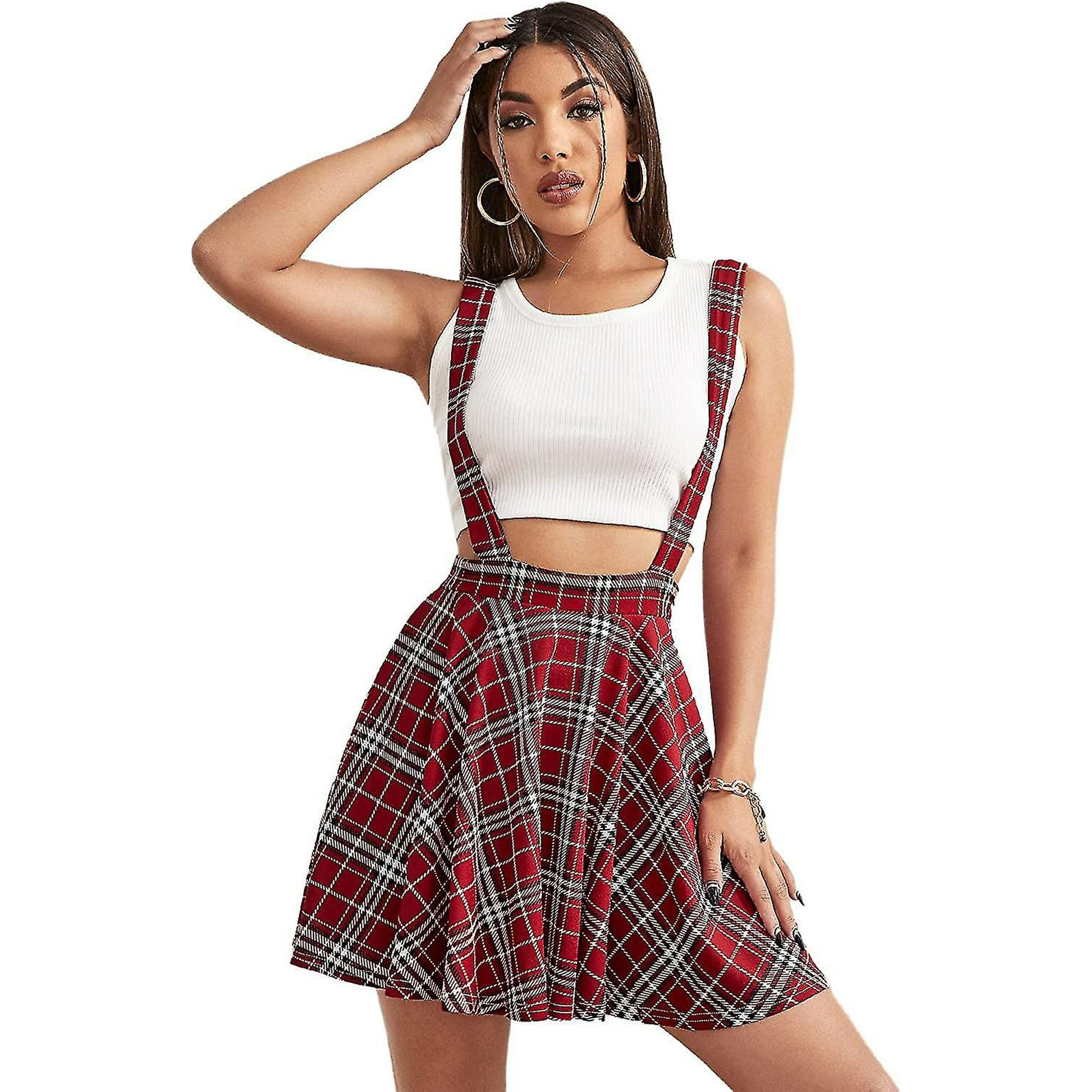 Women s Plaid Pleated Mini Tartan Overall Skater Suspender Skirt S 2xl