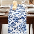 thumbnail image 3 of Blue Spring Floral 108 Inch Table Runner, Summer Botanical Bird Farmhouse Dresser Scarf Cotton & Linen Tablerunner for Dining/Kitchen Island/Holiday Party Décor 13" x 108", 3 of 9