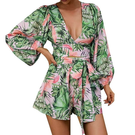 

Women Long Sleeve Tie Knot Front Romper Floral Print Deep V Neck Jumpsuit High Elastic Waist Hem Rompers Body for Women Bodysuits Long Sleeve Jeans Jumpsuits for Women Sequined Romper Overalls