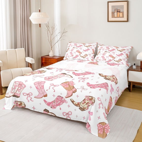 jejeloiu Pink Cowgirl Boot Bow Full Size Sheets Kids,Cute Western Print Bed Sheets,4-Piece