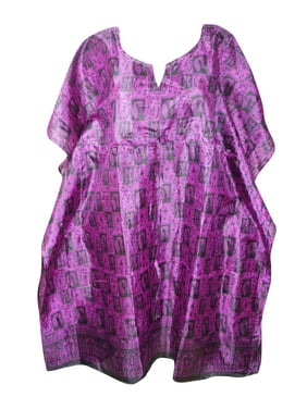 Mogul Women Purple Mid Calf Kaftan Dress Beach Coverup Printed Resortwear Loose Holiday Recycle Sari Caftan Dresses 3X