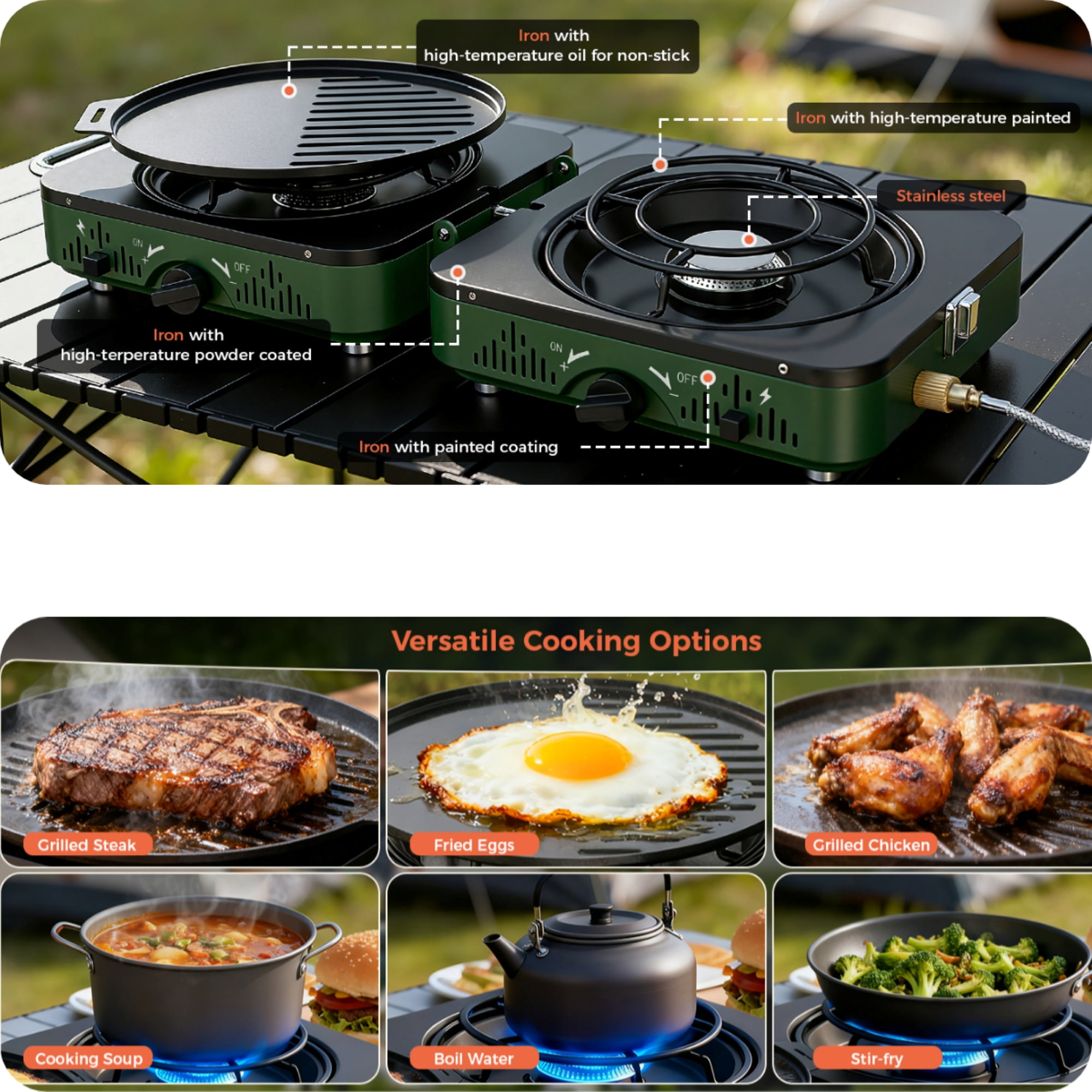 BIG HORN OUTDOORS Portable Propane Camping Stove, 2 Burner Foldable Gas Stove with Frying Pan & Carry Bag