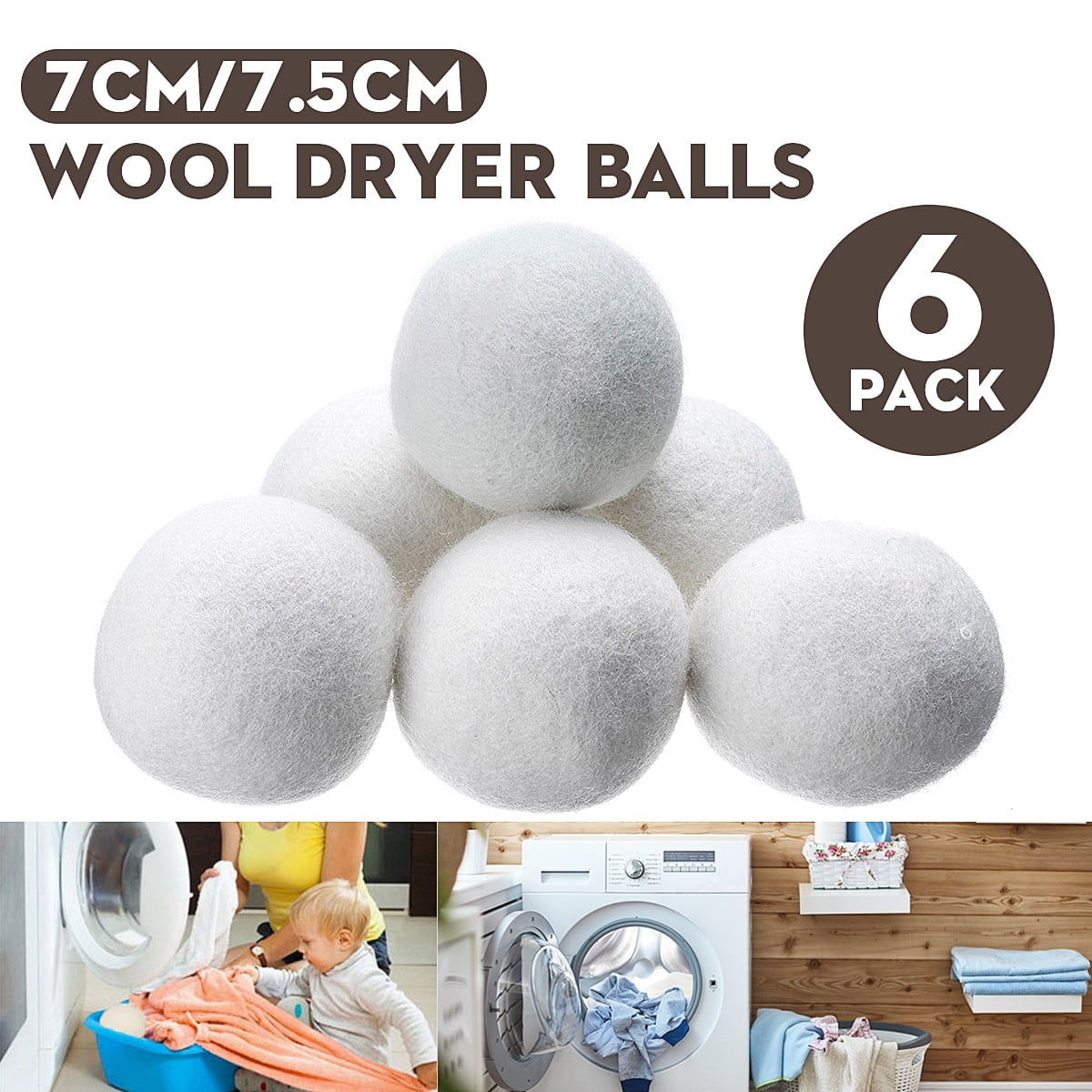 6pcs 7cm / 7.5cm Natural Wool Dryer Balls Laundry Fabric Reusable