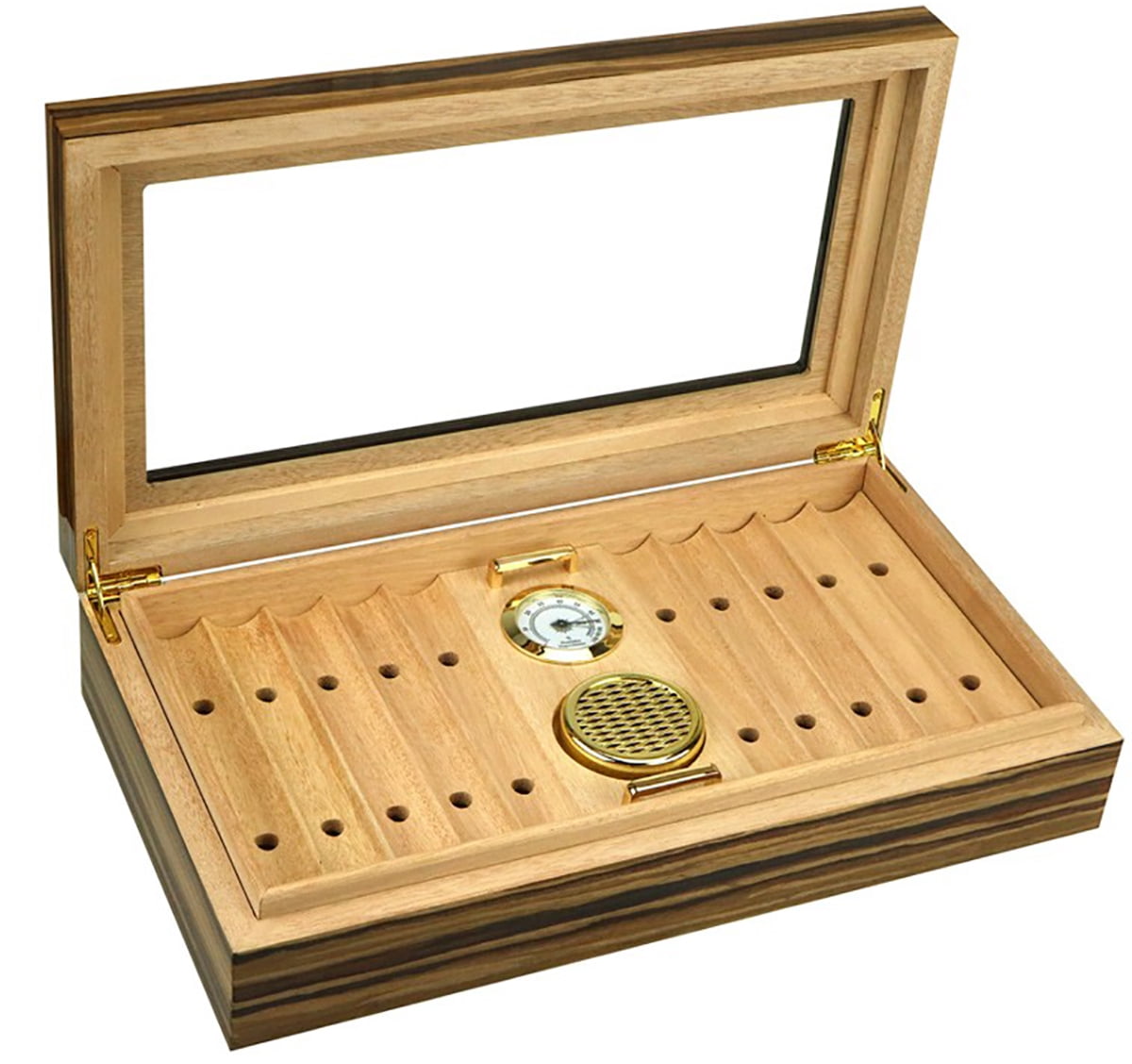 Prestige Import Group - Braydon Glass Top Contemporary Desktop Cigar Humidor with Removable Ventilated Cigar Bed, Humidifier, Hydrometer - African Obeche Techwood Lacquer Finish - Capacity: 25 to 50
