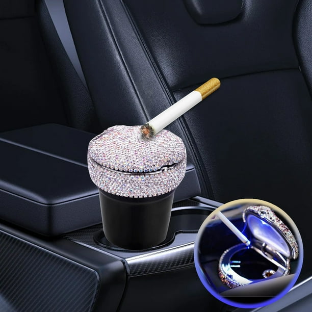 Cenicero para coche con incrustaciones de diamantes y luz LED | Aromaterapia y control de olores | Ajuste universal para portavasos | Accesorio de plástico para el interior del coche