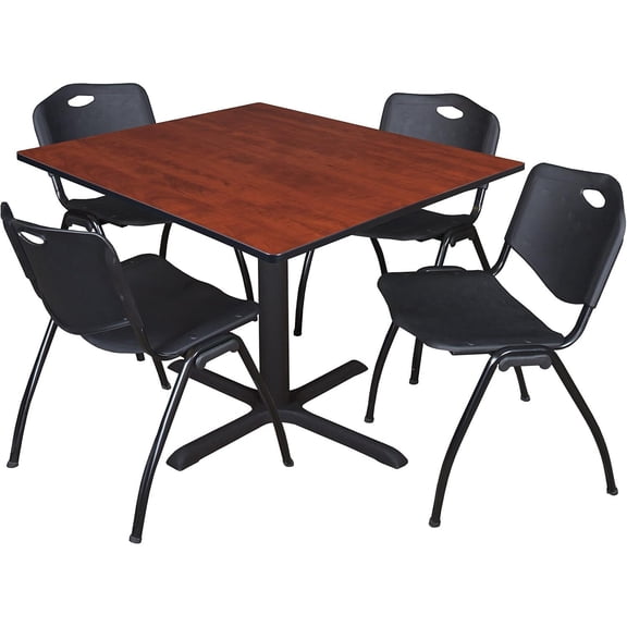 HomeStock Classic Charm 48" Square Breakroom Table- Cherry & 4 'M' Stack Chairs- Black, Ideal for Cafeterias, Dining, and Office Spaces