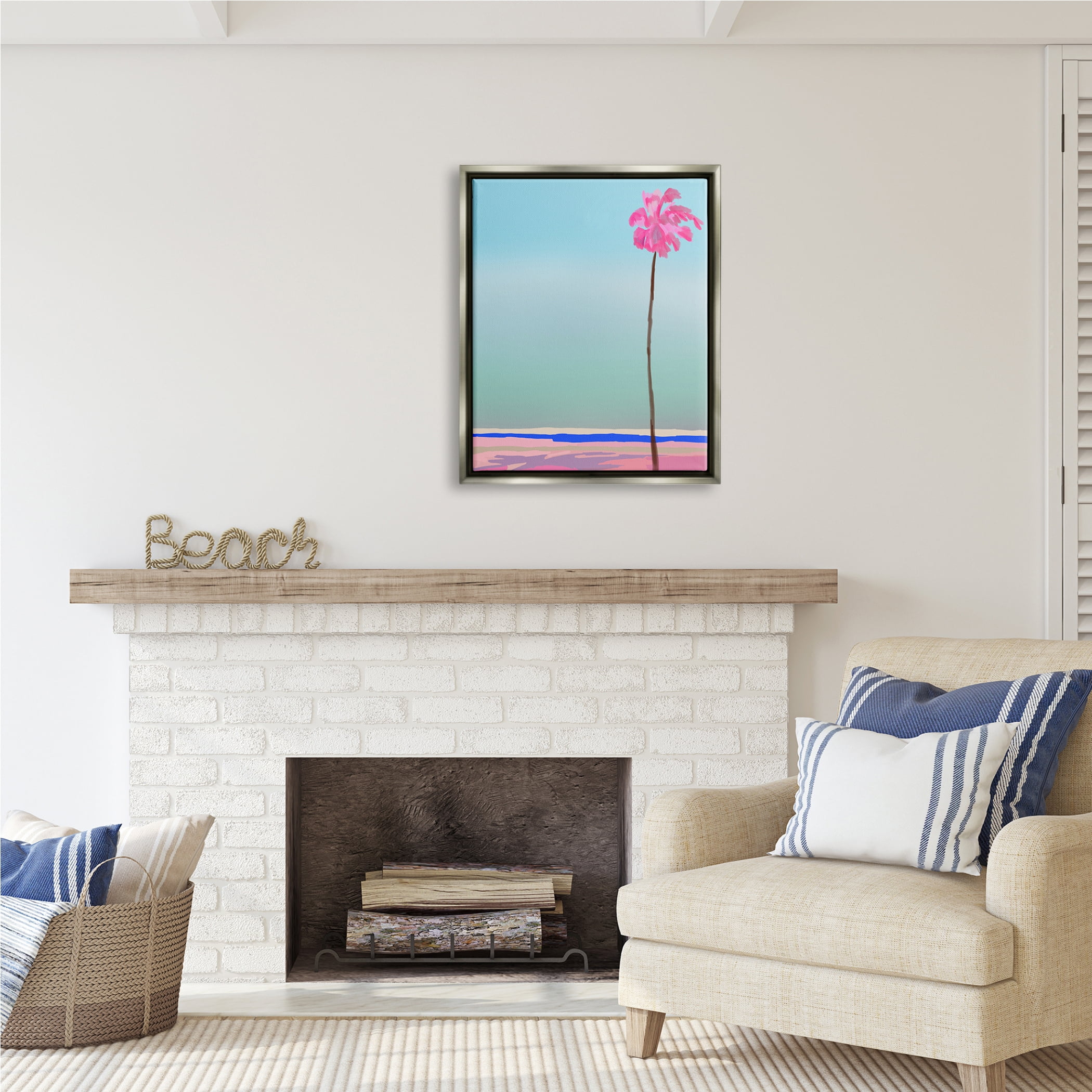 Stupell Industries Pink & Blue Beach Palm Nature Painting Gray Floater Framed Art Print Wall Art, 25 x 31