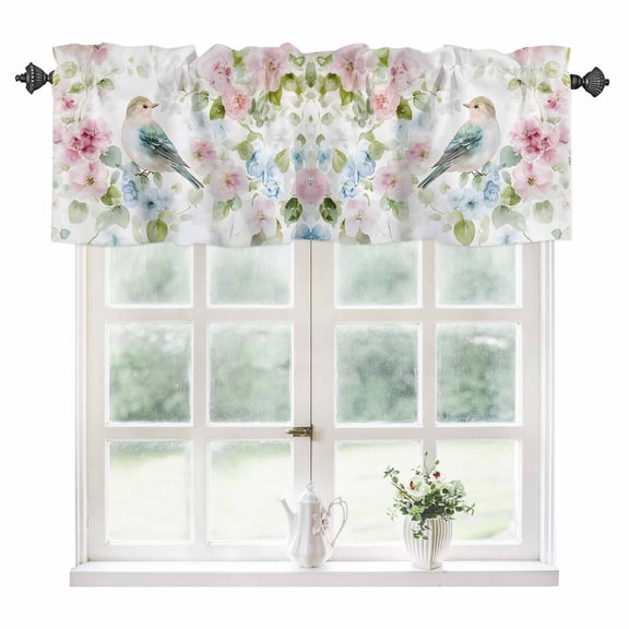Peach Blossom Kitchen Valances for Windows 60x18 Inch Kitchen Curtains Valances Rod Pocket Nature Pink Blue Flower Spring Birds Bathroom Window Valances for Window Treatment Decor
