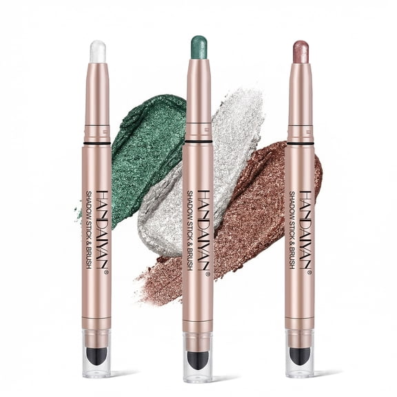 Eyeshadow Stick 3Pcs, Waterproof & Long-Lasting Dual-Ended Cream Eye Shadow Brightener Stick Makeup Set, Built-in Blender Brush