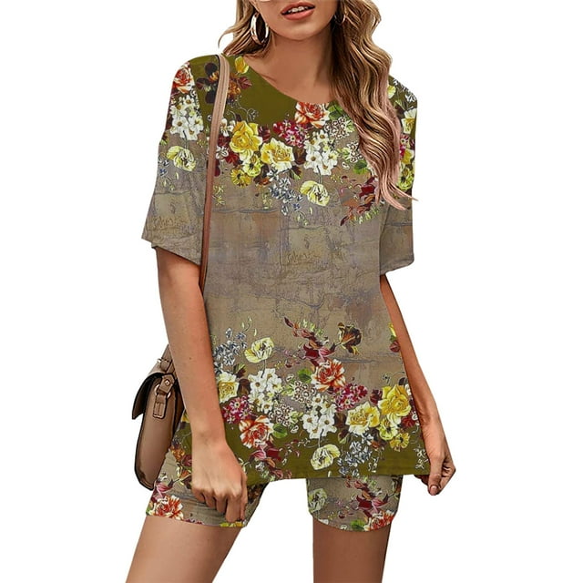 Ensembles Assortis pour Femmes Été Mode Féminine Blouse à Col Rond Manches Courtes Hauts Shorts Ensemble Décontracté Ensembles pour Femmes en Liquidation
