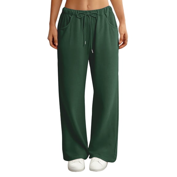 WULMLEO Baggy Wide Leg Sweatpants Women Lightweight Low Rise Sweatpants with Pockets Spring Comfy Yoga Pants Cotton Joggers Dark Green L