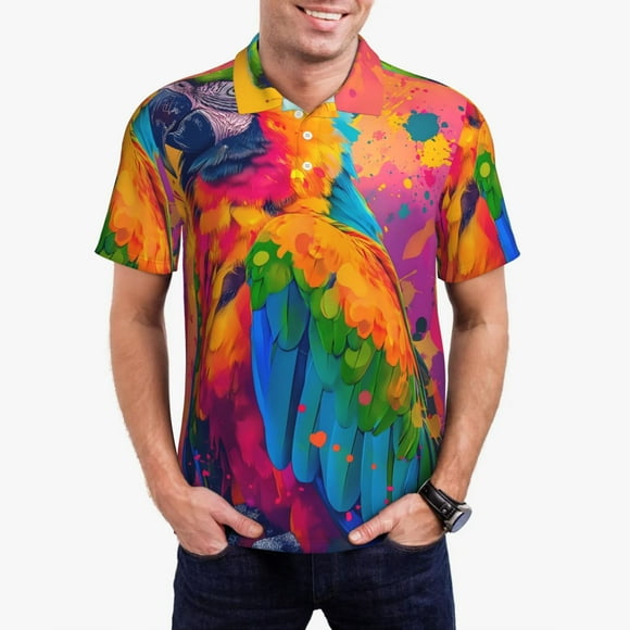 Saiise Colorful Parrot Jungle Dream A Print Mens Golf Shirt Moisture Wicking Quick-Dry Print Performance Polo Shirts for Men-Small