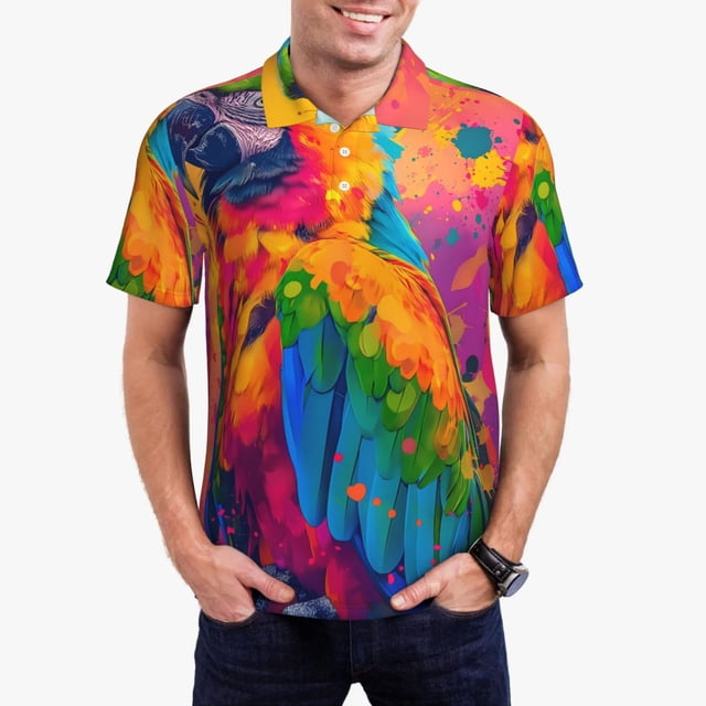 Saiise Chemise de Golf pour Hommes Perroquet Coloré Jungle Rêve Impression Séchage Rapide Performance Polo pour Hommes-Petit