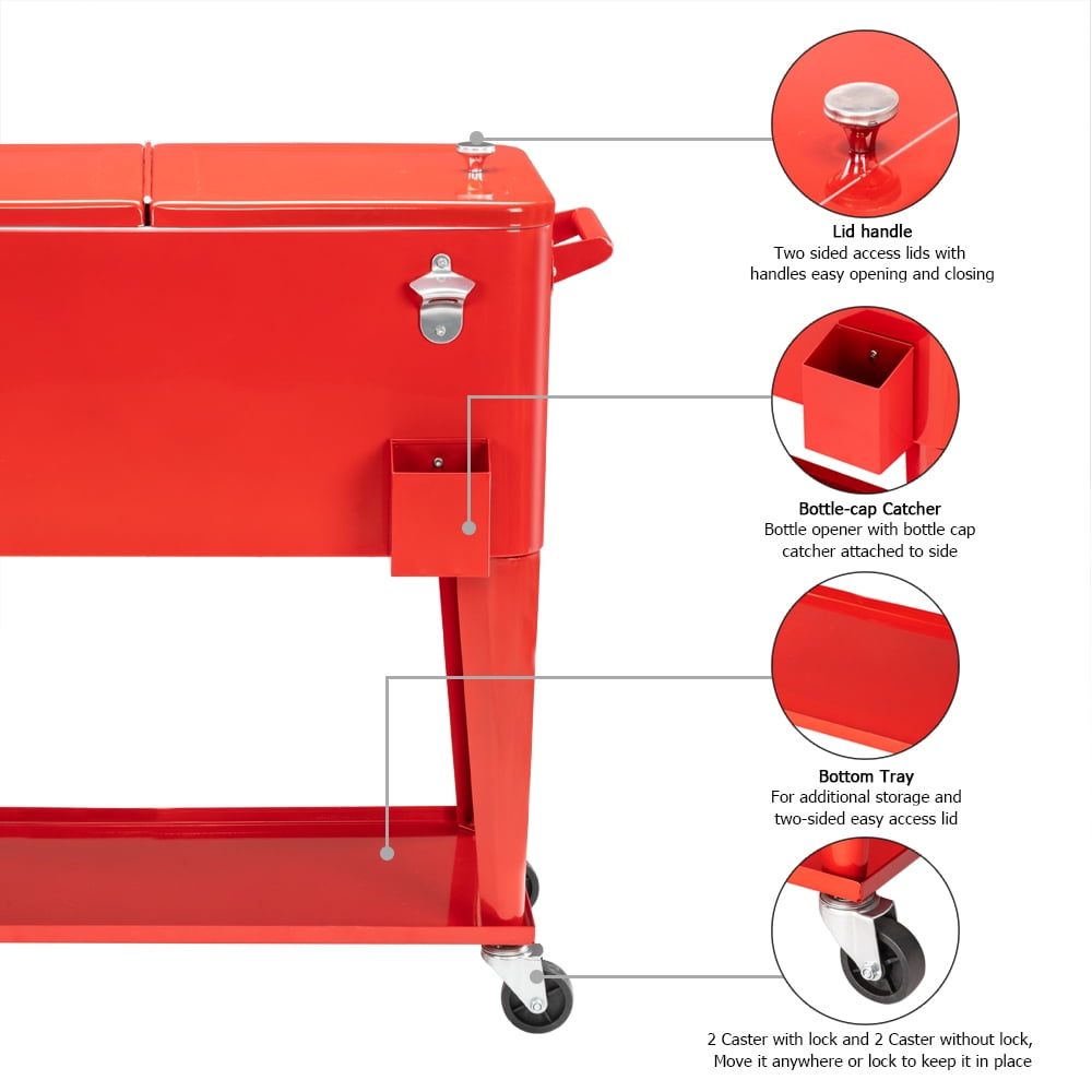 VINGLI 80 Qt Rolling Ice Chest, Patio Cooler with Wheels and Shelf(Red)