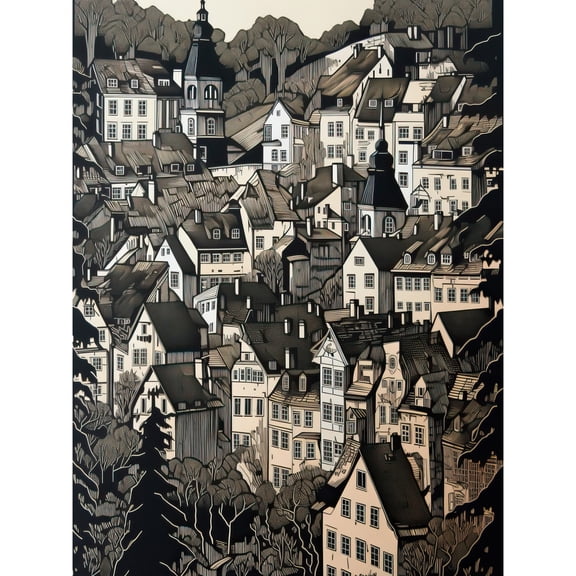 Black Forest City Baden Monochrome Cityscape Unframed Wall Art Print Poster Home Decor Premium