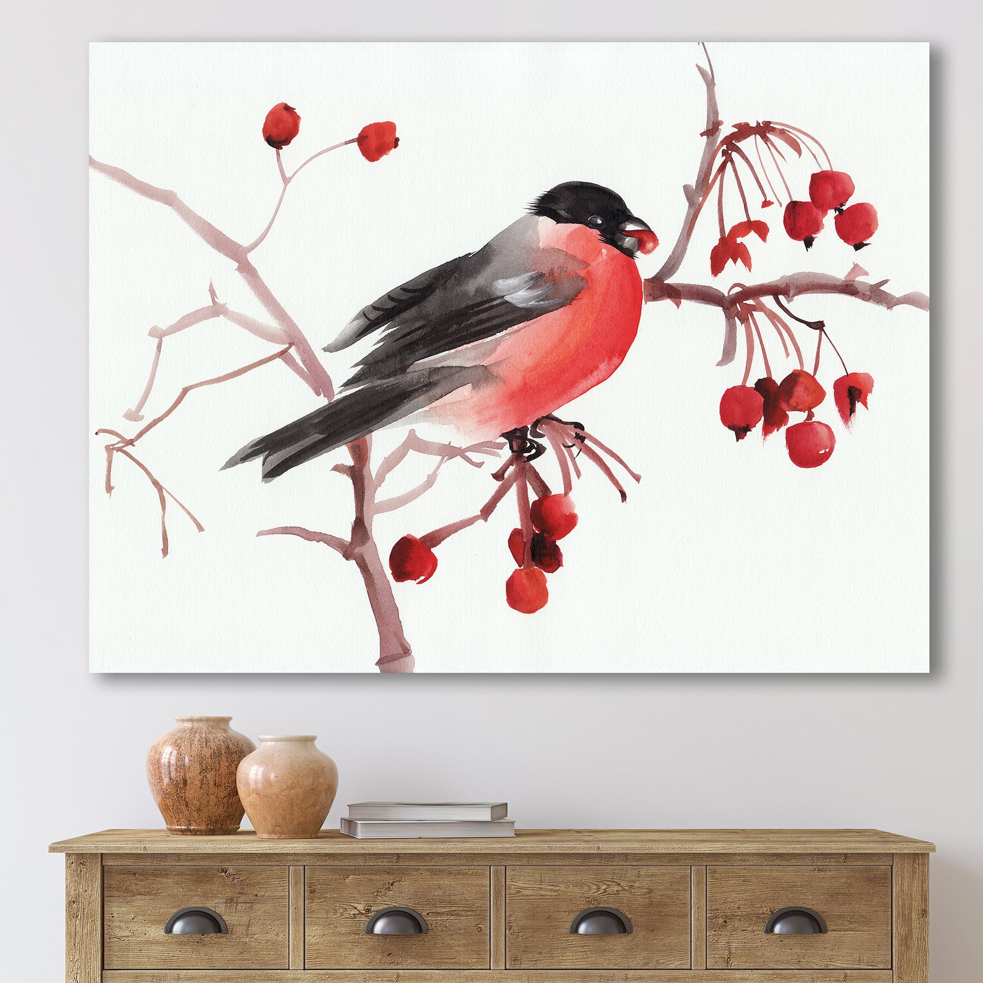 Bullfinch Bird Sitting On A Branch 32 in x 24 in Painting Canvas Art Print, by Designart