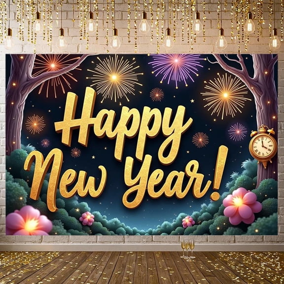 Golden Lettering Happy New Year Banner Fireworks Design New Year Banner Night Sky Theme Clock Decoration Celebration Banner for New Year Party Holiday Celebration Indoor Decoration