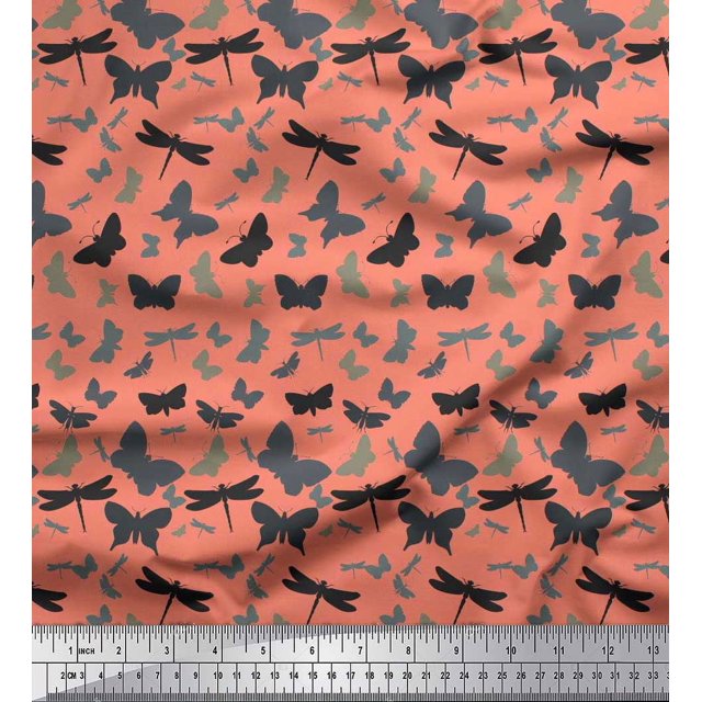 Soimoi Tissu Crêpe Polyester Orange Imprimé Insectes Artistiques 1 Yard 52 Pouces de Large