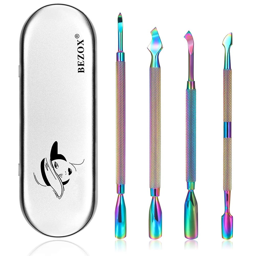 BEZOX Cuticle Pusher Kit - Dual End Nail Gel Polish Removal Pushers - Rainbow Color Stainless Steel Manicure Tools
