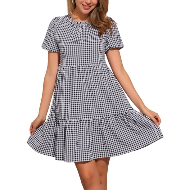 Vestido corto de manga corta con estampado de cuadros para mujeres, cuello redondo, cintura alta, vestido casual en capas, color negro