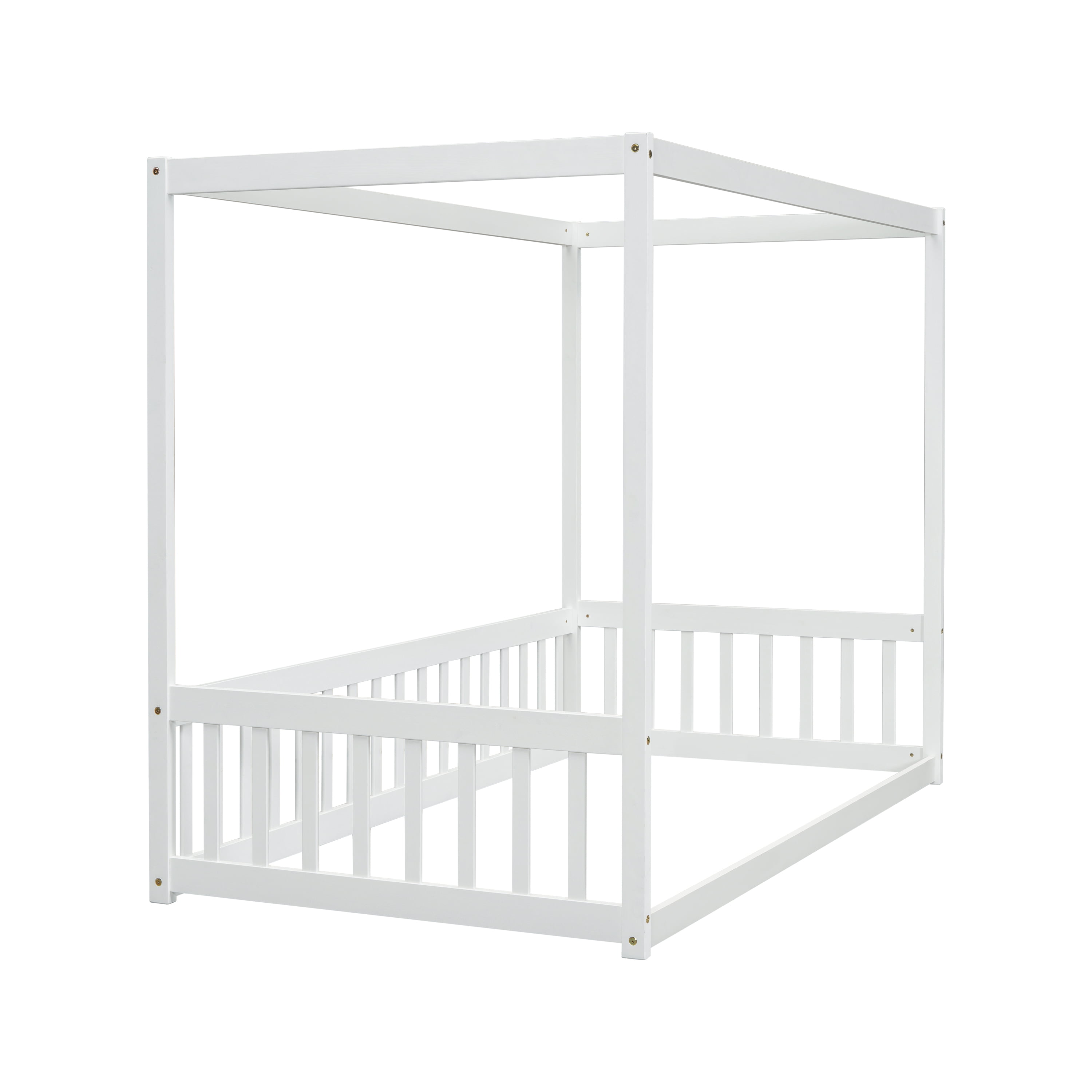 Miniyam Wood Twin Size Canopy Floor Bed with Guardrails for Kids and Teens, White