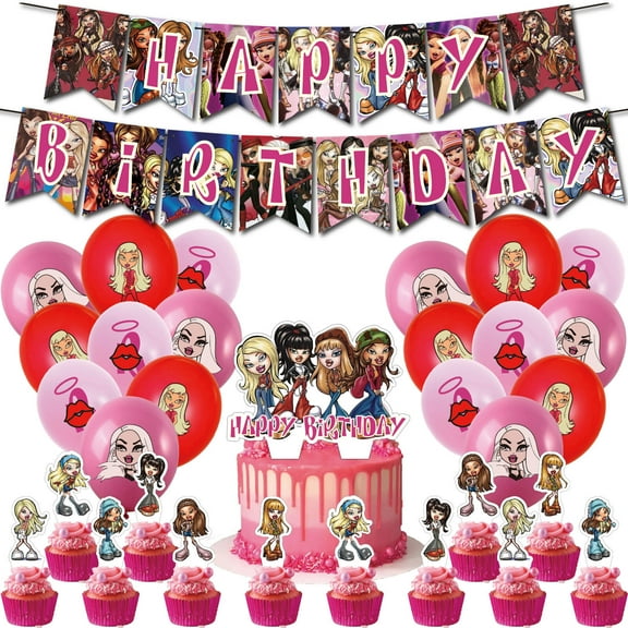 32-Piece For Bratz Cartoon-Themed Party Decoration Set – Includes Banner, Cake Topper, 12 Cupcake Toppers, and 18 Balloons for Festive Celebrations