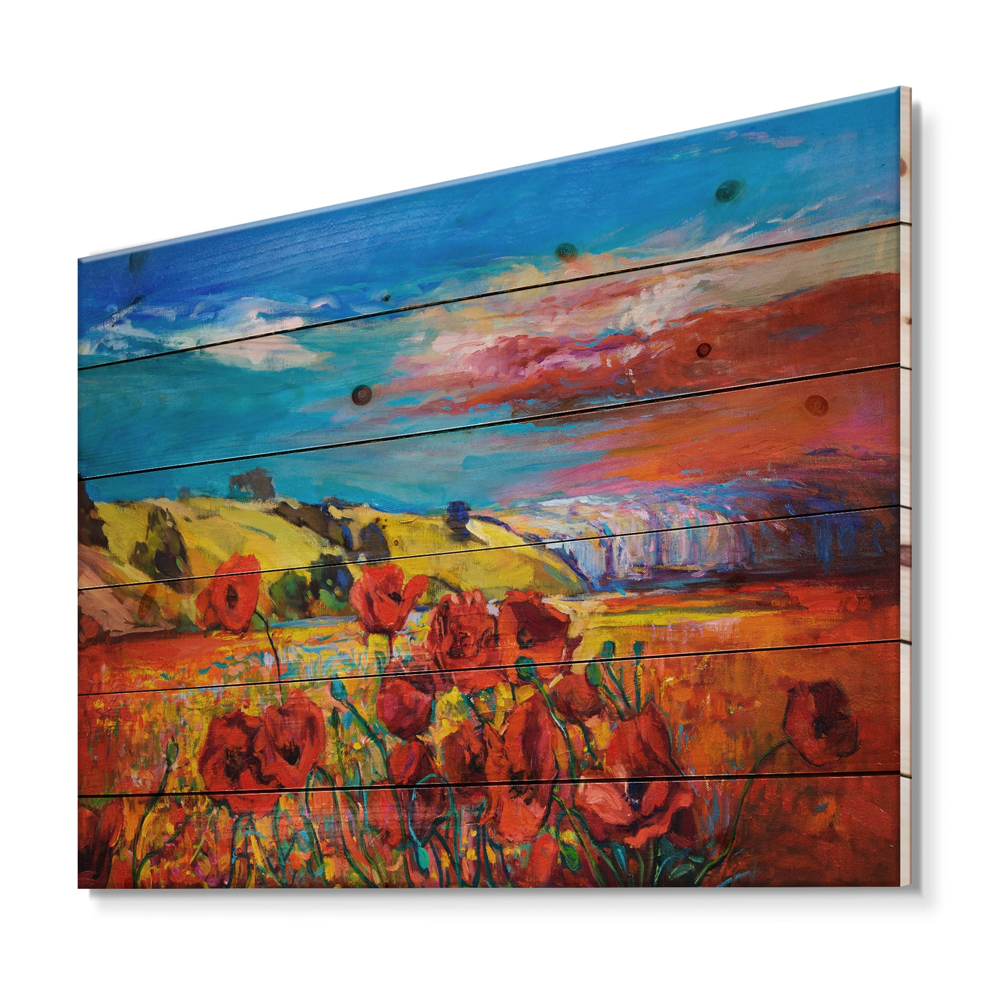 Designart 'Blossomg Red Poppies Under A Blue Sky' Traditional Print on Natural Pine Wood