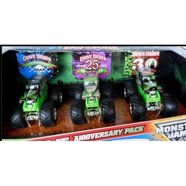 Hot Wheels 2012 Monster Jam Anniversary Set Grave Digger: 3 Trucks 20th,  25th, and 30th Anniversary Editions 1:64 Scale