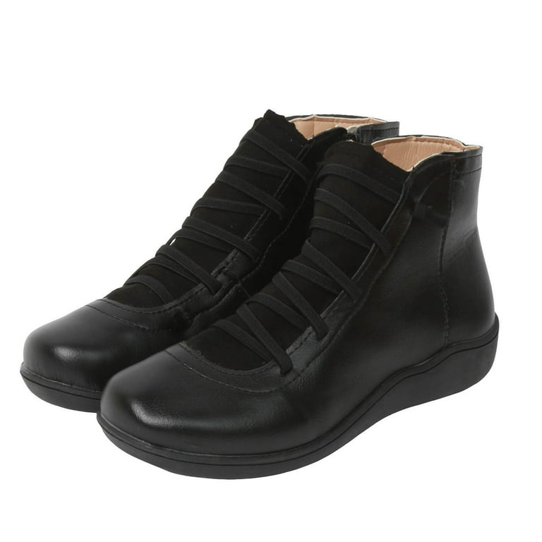Ankle Boots for Women No Heel 2024 New Arch Support Boots Fashion Lace Up Side Zipper Vintage Retro Ankle Booties Arch Support Leather Comfortable Side Zip Lace Up Shoes Walmart