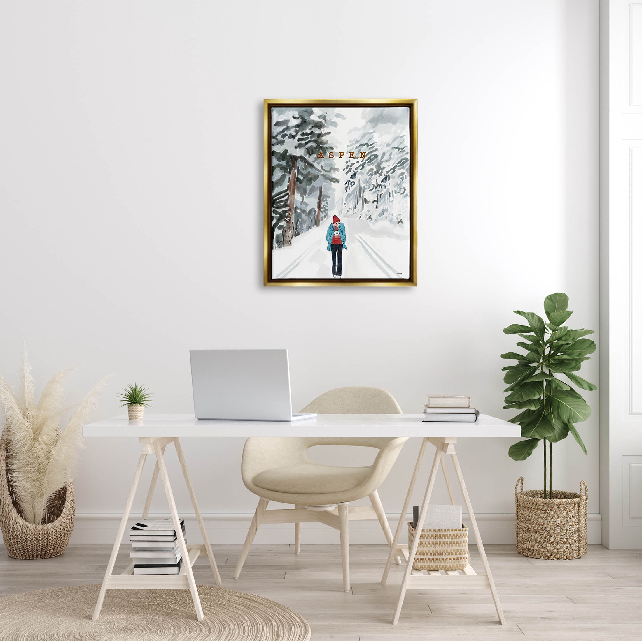Stupell Industries Snowy Aspen Scenery Girl Walking Graphic Art Metallic Gold Floating Framed Canvas Print Wall Art, Design by Amelia Noyes