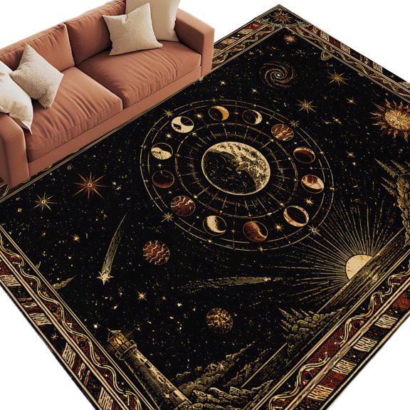 Golden Black Area Rug 5x7 Washable Rug Non Slip Abstract Rising Horizon Sun Mystical Moon Large Area Rug Soft Stainresistant Indoor Floor Carpet for Living Room Bedroom Home Office Dining Room