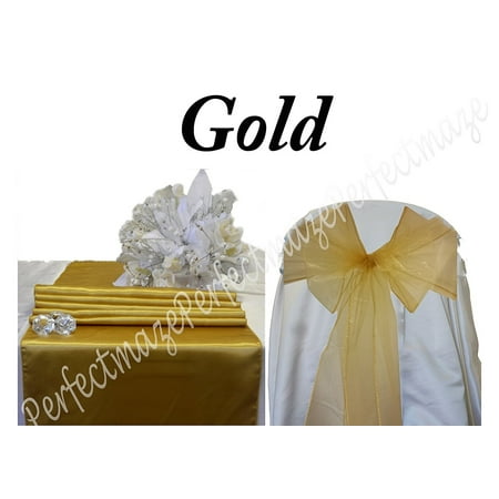 Perfectmaze Gold Satin And Organza Combo Kit 20 Satin Table Runners 100 Organza Chair Sashes For Wedding Party Event Decoration