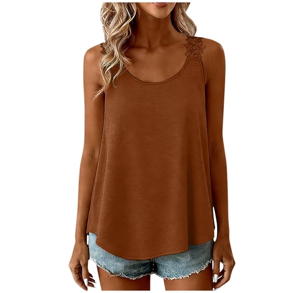 Stamzod Womens Tank Tops Flowy Sleeveless Summer Boho Tanks Casual Crewneck Strap Lace Camisole Shirts Brown S