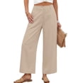 thumbnail image 2 of Womens Cotton Linen Pants Casual Button Up High Waisted Wide Leg Trousers Business Offices Trousers Straight Pants Trouser Summer Clothes Beige L, 2 of 7
