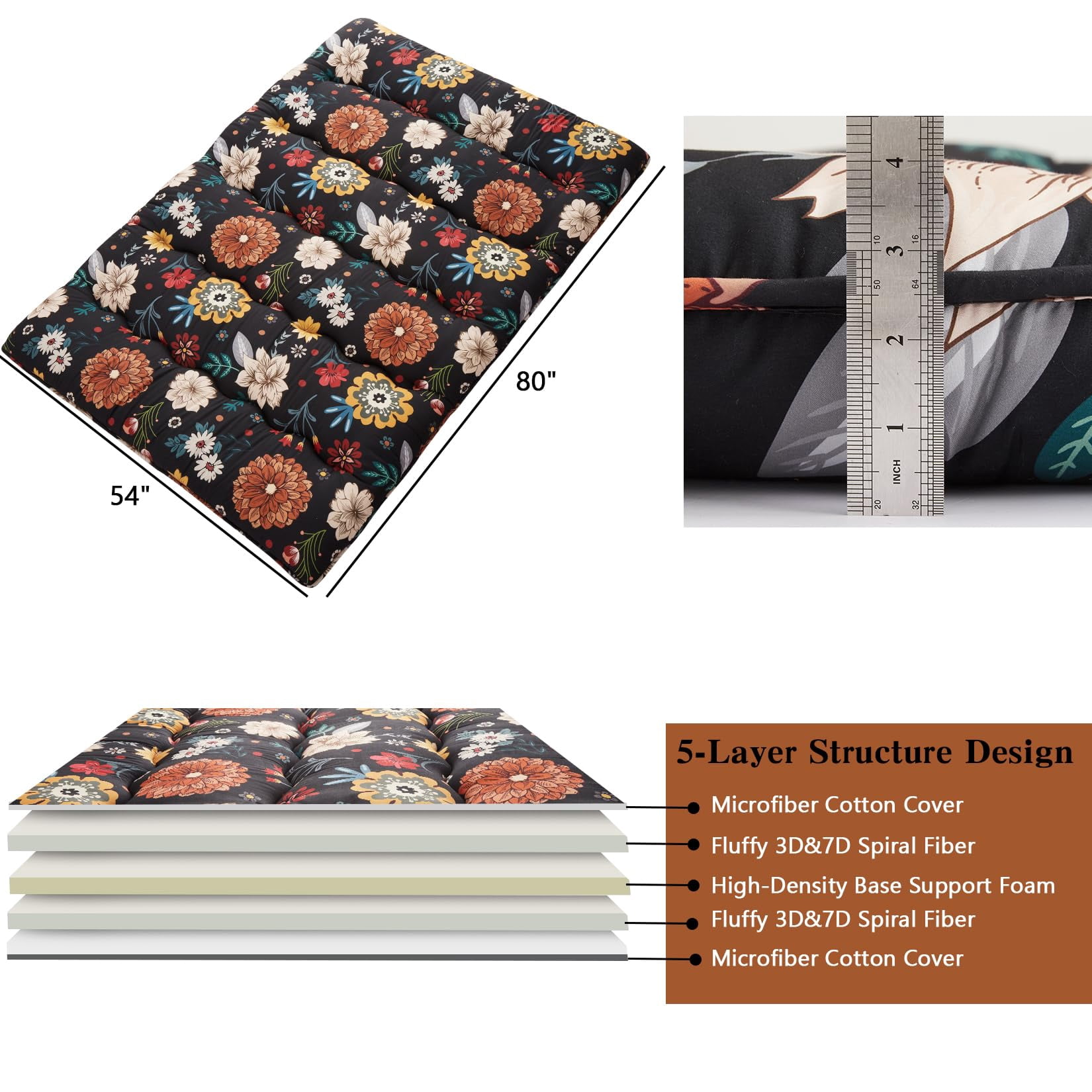 Ataucjin Twin Size Japanese Futon Floor Mattress, 3 Inch Thick Floral Tatami Mat, Foldable Portable Sleeping Mattress, Modern Floor Bed for Living Room, Guest Room, Camping