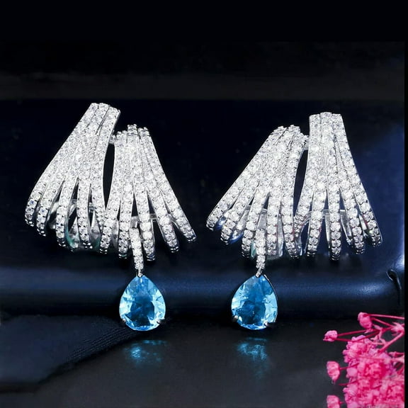 Top Double Claws Silver Plated Drop Earrings Cubic Zircon Light Blue CZ Jewelry