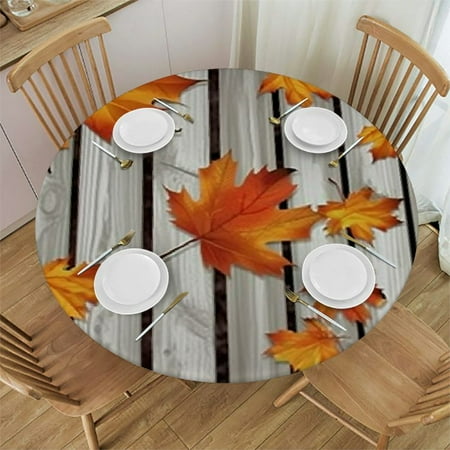 

BANET Autumn Fitted Table Cover Foliage Rustic Wooden Planks Indoor/Outdoor Waterproof Tablecloth Patio and Kitchen Dining Fits Round Table Orange White 54 -58