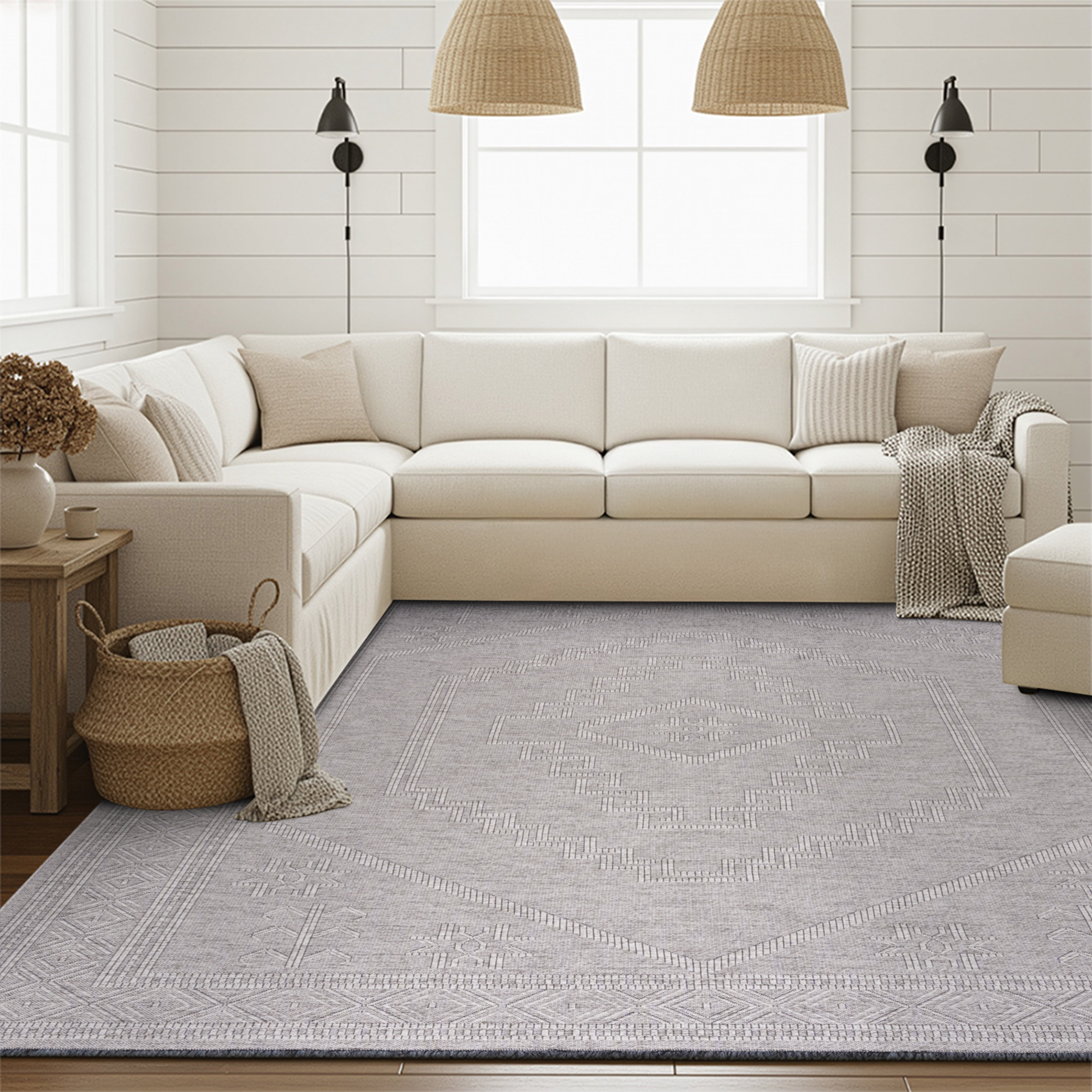 Alma Transitional 2' x 7.7' Light Gray and Stone Grey, Machine Washable Polyester & Cotton Indoor Area Rug