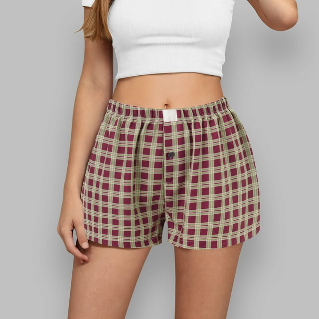 LOVZFMLL Ladies' Summer Casual And Comfortable High Waist Loose Wide Leg Checkered Shorts Coffee S