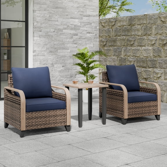 EAGLE PEAK Wicker Bistro Table and Chairs Set of 3, Outdoor Bistro Set, 3 Piece Patio Furniture Set w/ Wicker Outdoor Chairs & Side Table, Brown/Blue
