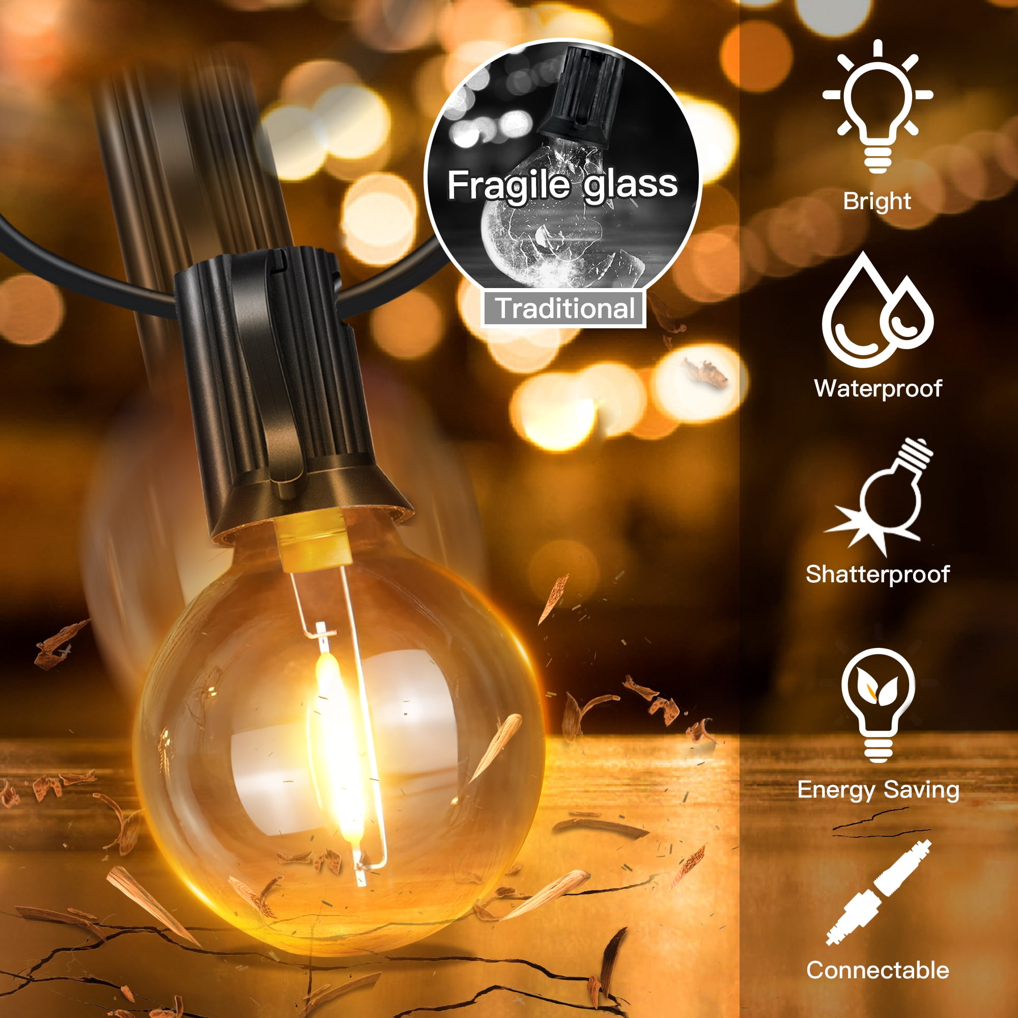 Ollny 50FT LED String Lights Outdoor, Waterproof Patio LED Lights with 27 G40 Edison Bulbs, Warm-white Outside Lights for Garden Bistro Backyard