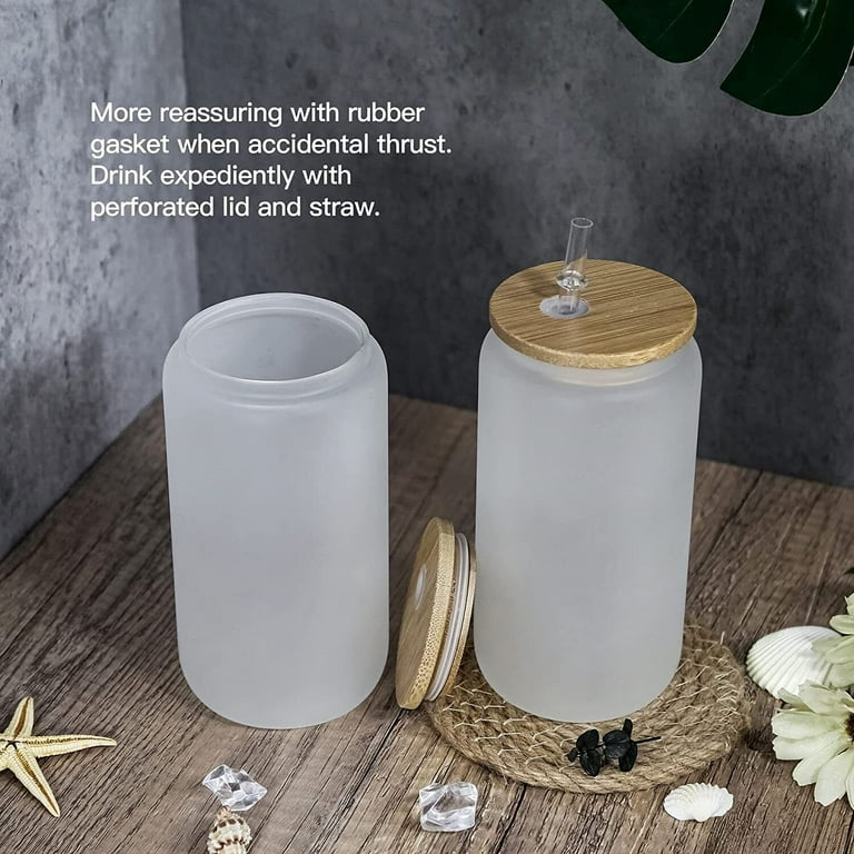 Sublimation Clear/Frosted Glass Blanks with Bamboo Lid - 16oz 4 Pack