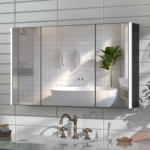 Caulitar LED Mirror Cabinet, Modern 39.4"x27.5", 3-Door Wall Mounted Medicine Cabinet for Bathroom, Rustproof Aluminum, Easy Installation