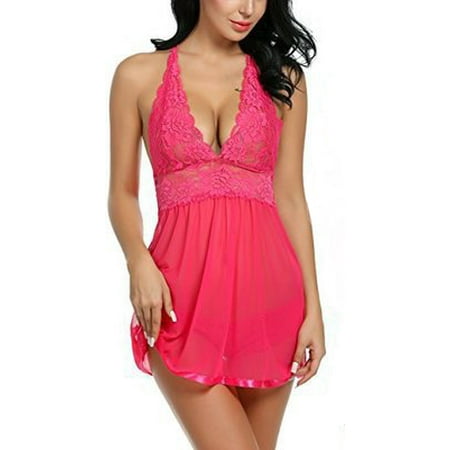 Women Lingerie Lace Babydoll Strap Chemise Halter V Neck Mesh Nightgown