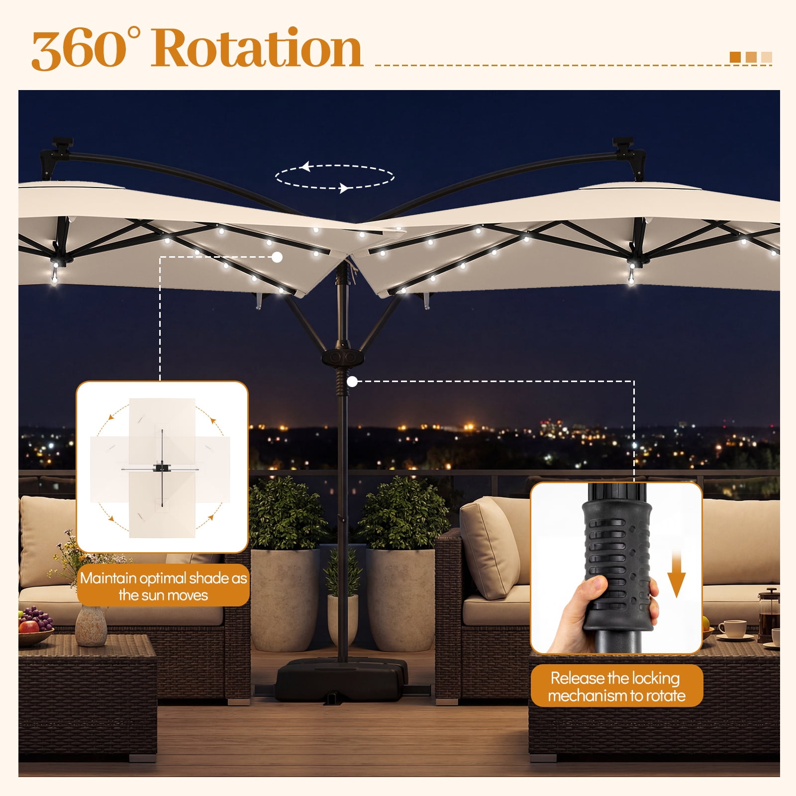 Costway 8 x 8 FT Solar LED Offset Cantilever Patio Umbrella, Square Hanging Outdoor Beige